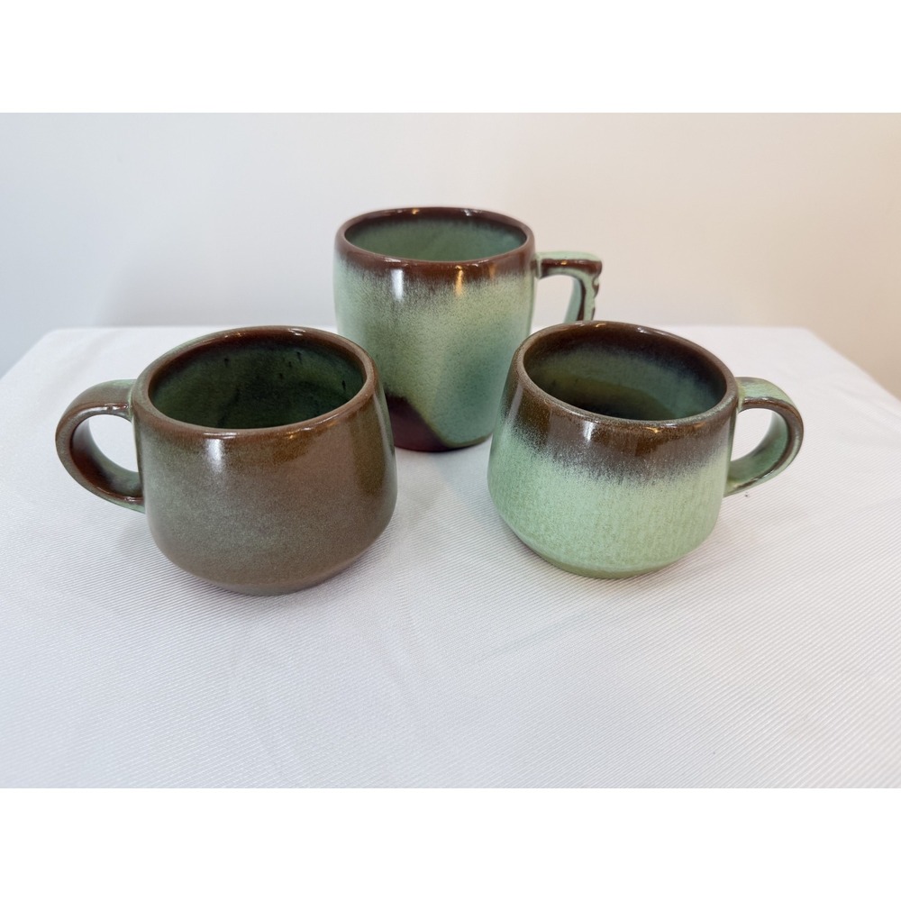 Frankoma GC Pottery Coffee Mug Set of 3 Green Brown Drip Glaze Ceramic Cups USA